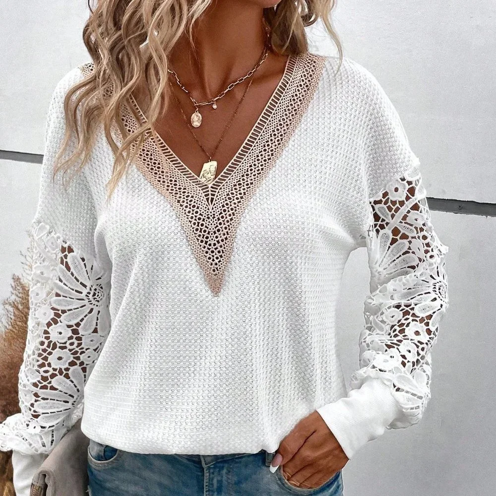 White Preppy Womens Guipure Lace Insert Drop Shoulder Sweatshirt - Picture 1 of 5